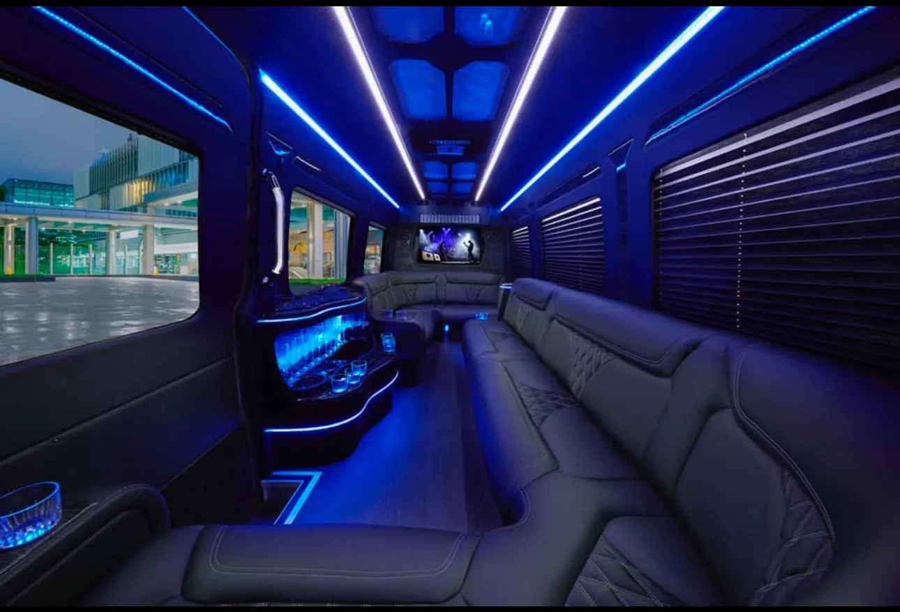 Mercedes Sprinter Limo 2023+ or similar — Sprinter Limo for BWI airport car service and Baltimore black car service, seats 13